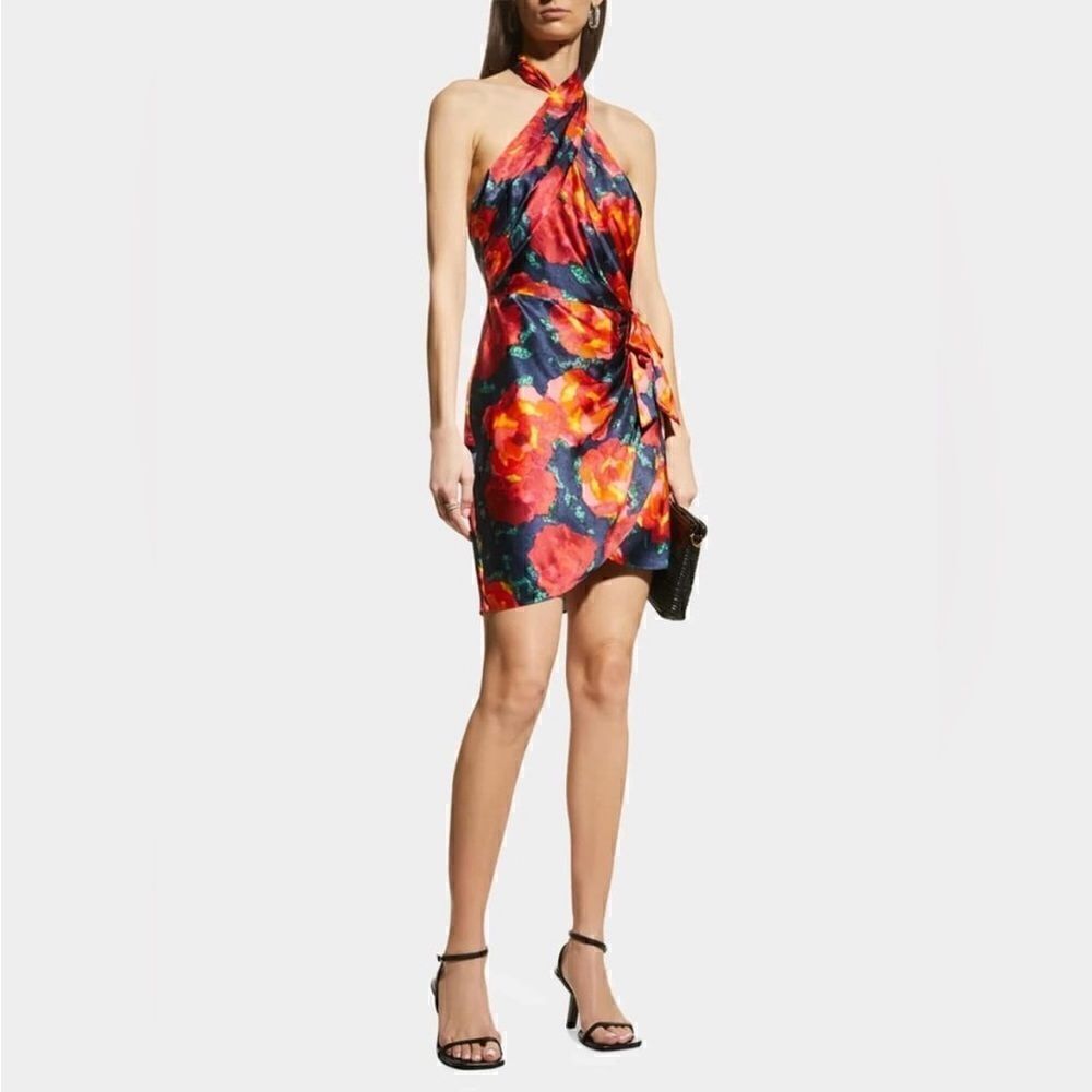 Cinq à Sept Trini Satin Floral Halter Neck Mini Wrap Dress $495